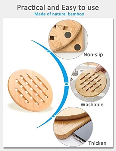 Conisy Natural Bamboo Trivet, Set of 4 Non-Slip Heat Resistant Pad for Hot Dishes,Pots and Pans - Square and Round Large Trivets Mats (20cm)