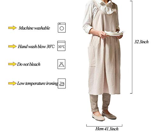 Women Girls Vintage Cute Apron Gardening Works Cross Back Cotton/Linen Blend Aprons Pinafore Dress With Two Pockets (Beige) #TOP5