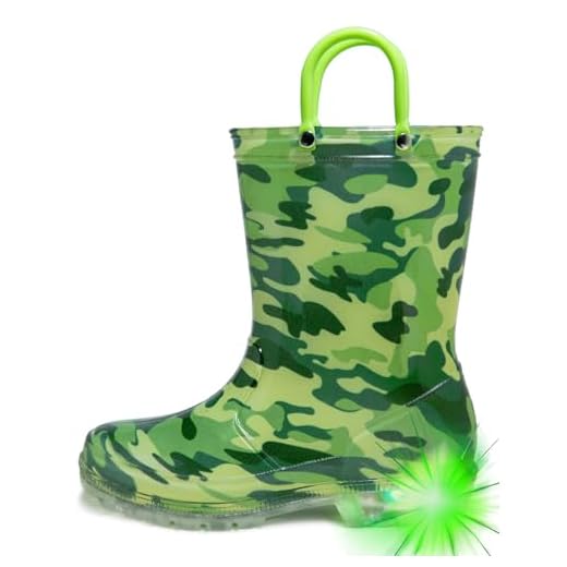 HugRain Botas De Chuva Para Meninos, Calçados Borracha Impermeáveis Com Luzes, Estampa Camuflada, Leves E Adoráveis, Alças Fáceis Calçar, Sola Antiderrapante, Verde, Tamanho 9