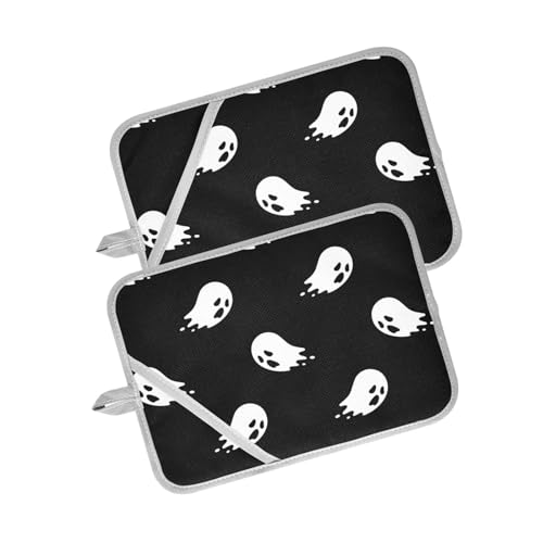 Aflyko Halloween Potholder Doodle Spooky Ghost Oven Hot Pad with Hand Pocket Pot Holder Set 2 Pack Oven Mitt with Hanging Loop Kitchen Countertop Trivet Baking, Cooking, BBQ