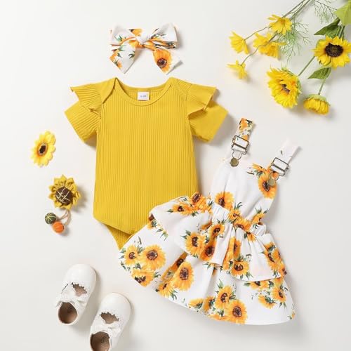 Baby Girl Clothes Cute Summer Outfits Short Sleeve Romper Adjustable Floral Overall Dress Headband 3PCS2
