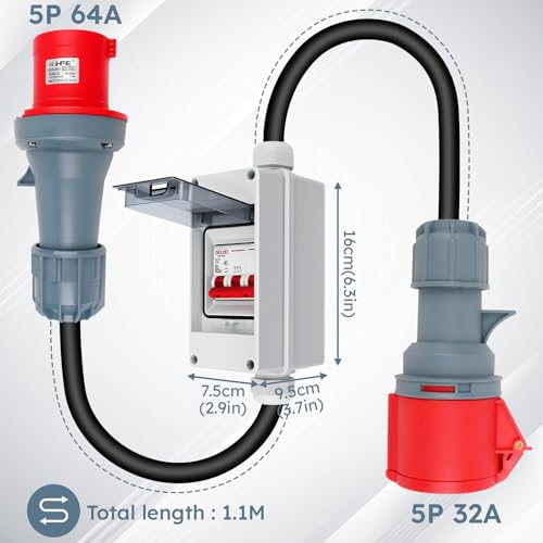 CEE Adapter 63A auf 32A, 400V Kupplung Starkstrom mit Schutzschalter, IP44 CEE Stromadapter Stecker und Steckdose H07RN-F Wohnmobil-Adapterkabel
