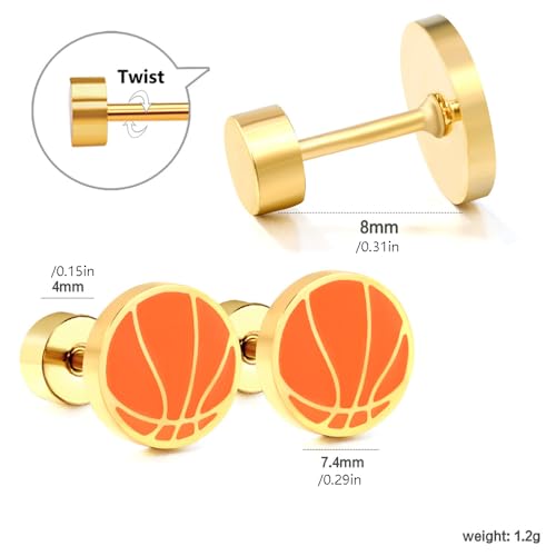 20g Basketball Gold Plated Flat Screw Back Small Stud Earrings for Men Women Minimalist Cute Surgical Steel White Enamel Sports Fan Lover Cartilage Piercing Sleeper Tiny Studs Hypoallergenic Birthday Gift for Bff Christmas 7mm2