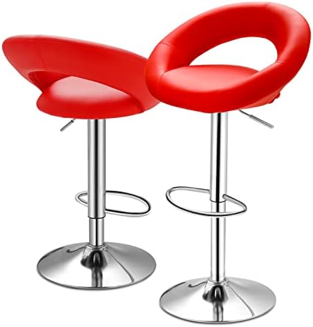 MoNiBloom Adjustable Bar Stools Set of 2 Modern Cute  PU Leather Swivel Barstools with Hollow Back and Chorm Base for Kitchen Dining Room, Red