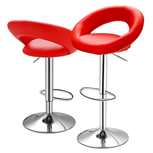 Monibloom Adjustable Bar Stools Set Of 2 Modern Cute  Pu Leather Swivel Barstools With Hollow Back And Chorm Base For Kitchen Dining Room, Red #TOP1