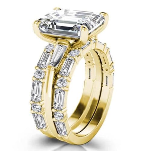 Triostar 14K Yellow Gold Plated 3 PC Wedding Ring Set Radiant Cut Engagement Ring for Women 925 Sterling Silver Promise Ring Bridal Set2