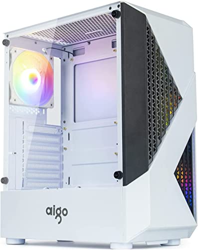 aigo A01 PC Desktop Computer Gehäuse mit 12 cm RGB-Lüfter, staubdicht, PC-Gamer, komplett, ATX, gehärtetes Glas Cover