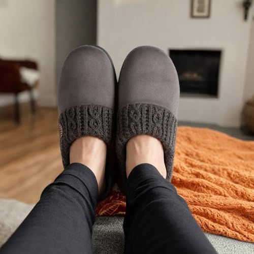 EverFoams Women's Microsuede Slippers Warm Comfy Memory Foam Indoor House Shoes with Knit Collar2