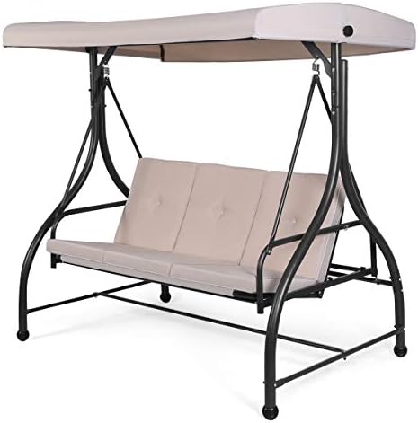 Tangkula 3 Seats Converting Patio Swing, Outdoor Porch Garden Canopy Swing with Comfortable Cushion Seats & Adjustable Tilt Canopy, Heavy Duty Hammock 3 Persons Porch Swing (Beige)