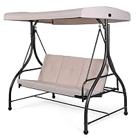 COSTWAY 3 Seater Garden Swing Chair, Convertible Outdoor Hammock Bench Chair with Adjustable Canopy and Cushions, Steel Frame Porch Patio Swing Seat Lounger for Balcony, Deck and Poolside (Beige)