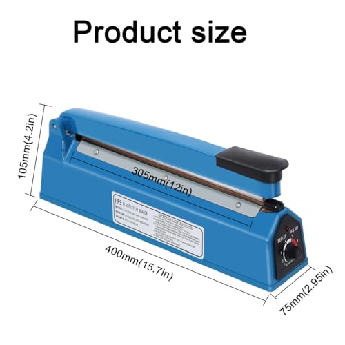 12 Inch Impulse Heat Sealer Machine, Cookie Bag Sealer for Plastic Mylar PE PP Bags and Kraft Paper Bags, Manual Poly Bag Hot Seal Sealing Machine with Extra Replace Element Grip by Piwerod - Image 6