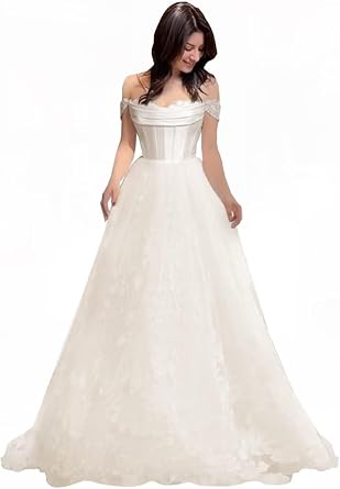 Off Shoulder Lace Applique Wedding Dress for Bride Strapless A-Line Satin Pleated Tulle Bridal Ball Gown with Corset