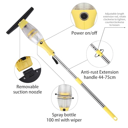 Akku Fenstersauger, Fensterreiniger elektrisch, Fensterputzer mit Teleskopstiel, Akkulaufzeit: 2.2Ah,40 min,28 cm Saugdüse, Sprühflasche mit Mikrofaserbezug für 360° streifenfreie Reinigung (Gelb)