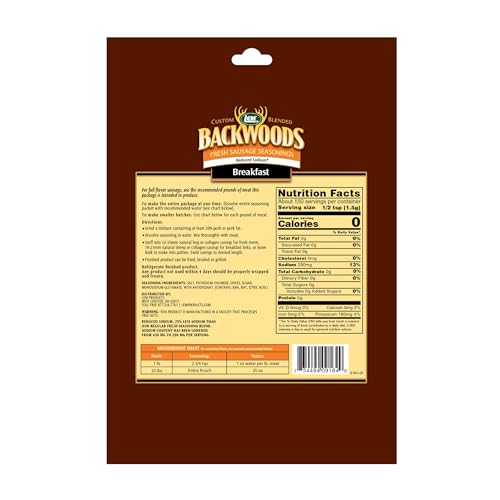 LEM Products Backwoods Reduced Sodium Breakfast Fresh Sausage Seasoning, Ideal for Wild Game and Domestic Meat, Seasons Up to 25 Pounds of Meat, 8 Ounce Packet