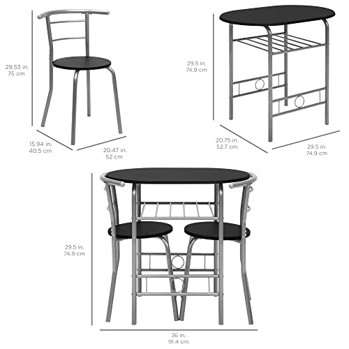 Best Choice Products 3-Piece Wooden Round Table & Chair Set For Kitchen, Dining Room, Compact Space W/Steel Frame, Built-In Wine Rack - Black/Silver #TOP6