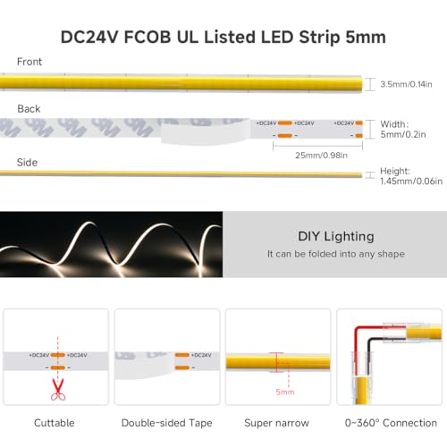 Image of BTF-LIGHTING FCOB Thin 5mm Width COB LED Strip, UL Listed Warm White 3000K Narrow Uniform Light, 16.4FT DC24V CRI 90+ Flexible LED Tape Light for Home Indoor DIY Lighting(No Adapter or Controller)