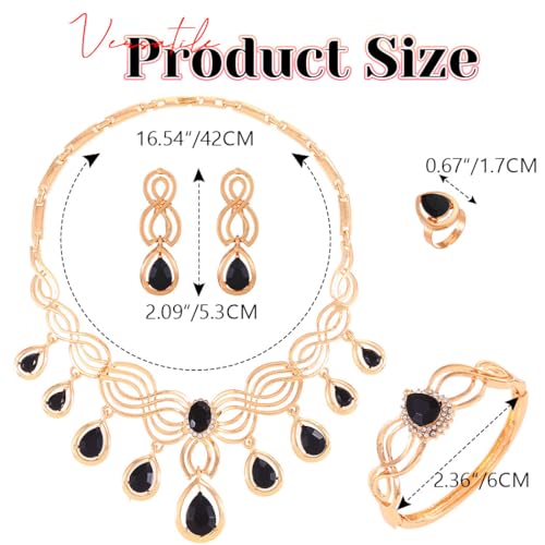 JEAIRTS Black Crystal Jewelry Set Gold Statement Necklace Earrings Ring Bracelet Sets for Women4