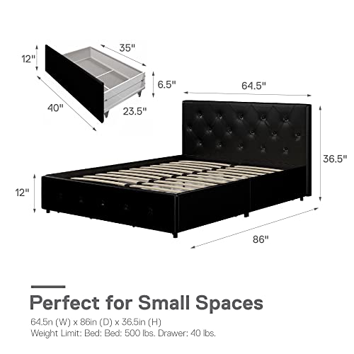 Dhp Dakota Upholstered Platform Bed With Underbed Storage Drawers And Diamond Button Tufted Headboard And Footboard, No Box Spring Needed, Queen, Black Faux Leather #TOP2