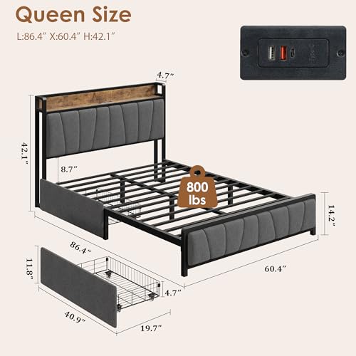 Image of GAOMON Queen Size Bed Frame with Storage Headboard and 2 Drawers, Linen Upholstered Platform Bed Frame with Charging Station, Heavy Duty, No Box Spring Needed, Easy Assembly, Noise Free, Grey&Brown