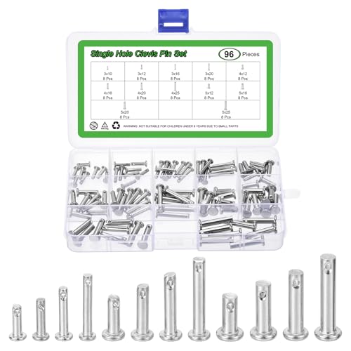 sourcing map 96Pcs M3 / M4 / M5 12 Sizes Single Hole Clevis Pin Assortment Kit, 304 Stainless Steel Flat Head Single Hole Clevis Pins Set for Mechanics Repair, DIY (Silver)