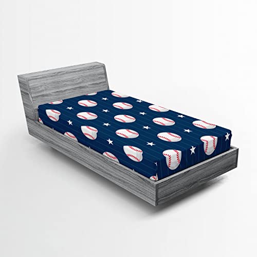 Ambesonne Sports 2 Pack Fitted Sheet, Baseball Stripes, Bed Cover All-Round Elastic Deep Pockets 2 Pieces, Package Contains 2 Twin Size Fitted Sheets, Night Blue Red White