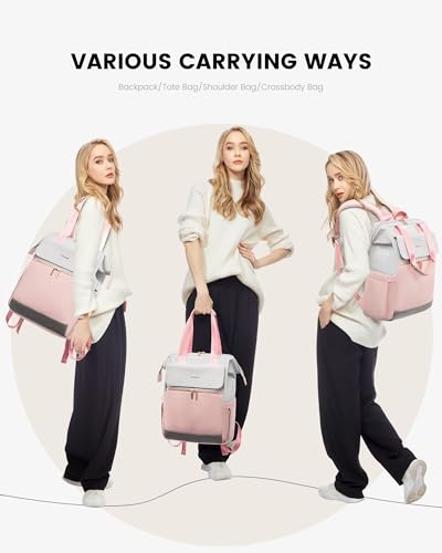 Image of LOVEVOOK Laptop Backpack for Women, 15.6 Inch Work Laptop Bag with USB Port, Fashion Teacher Nurse Backpack Purse, Waterproof Travel Computer Backpack with Organizer Bag, 2PCS, Grey-Pink