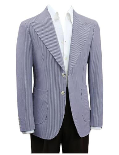 Mens Seersucker Single Breasted Blazer Jacket Slim Fit Peak Lapel Striped Sport Coats for Wedding Party