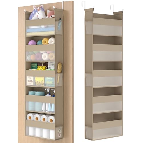 SONGMICS Over The Door Organizer, Hanging Door Organizer with 5 Large Pockets, 5-Tier Fabric Storage, Transparent Nylon Mesh, Foldable, Metal Hooks, with Side Pouches, Summer Sand URDH007Y01