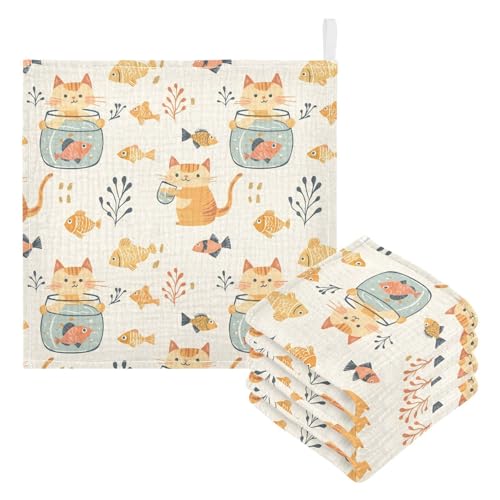 Image of vvfelixl Cat Watch Fish Tank Baby Burp Cloths Baby Muslin Washcloths for Boys Girls Cotton Babys Face Towel for Newborn Infants Soft and Absorbent 11.8 X 11.8 in, 5 Pack