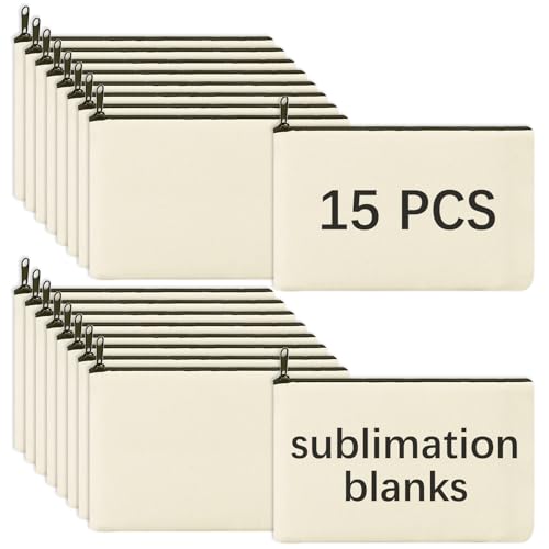 OKBA Sacos de maquiagem em branco de sublimação, bolsa de lápis de lona com zíper preto, sacolas de poliéster para artesanato DIY de sublimação (sacos em branco bege * 15 peças)