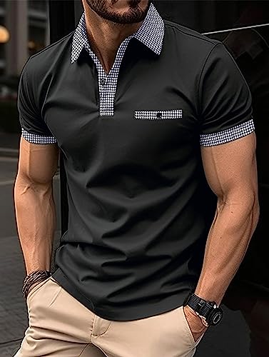 Men’s Classic Polo Shirt Casual Short Sleeve Plaid Splice T-Shirts Regular-Fit Business&Golf Polo Shirts2