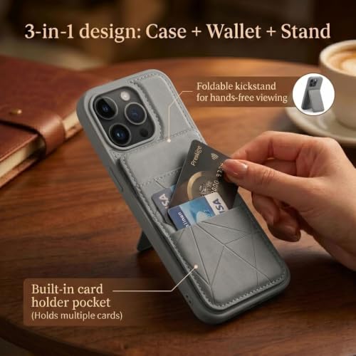 Image of amazon basics Premium Vegan Leather Back Cover with Card Holder and Integrated Mobile Stand for iPhone 16 Pro - Slim Shockproof Wallet Case with Geometric Stitching [Gray]