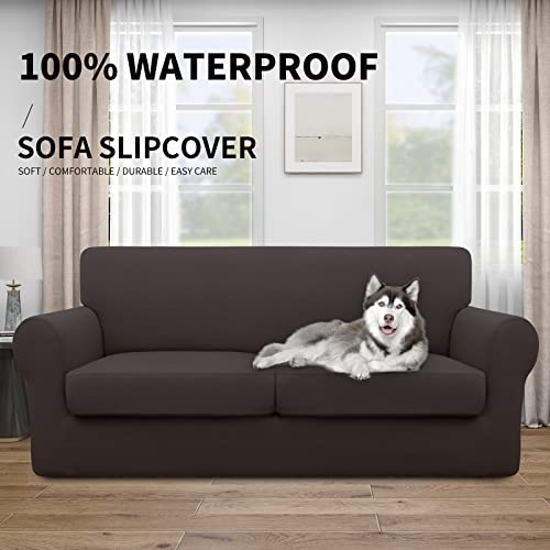 Image of Easy-Going Waterproof 3-Piece Oversized Loveseat Couch Covers for Sofa | 3-Piece Set Spandex Sofa Cover Slipcover Elastic Bottom Dog Pet Friendly Chocolate