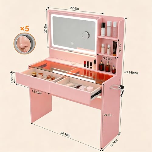 Image of Modern Makeup Vanity with LED Mirror, RGB Lighting, Glass Desktop and 2 Drawers, Small Space Vanity Desk for Women & Teen Girls, Pink Bedroom Dressing Table with Adjustable Lights