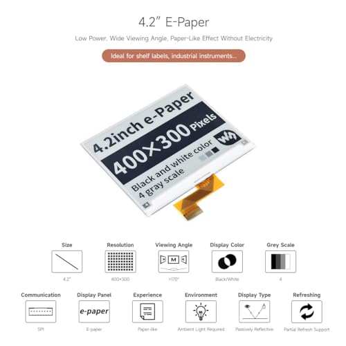 Image of waveshare 4.2inch E-Ink Raw Display Compatible with Raspberry Pi 4B /3B+ /3B /2B /B+ /A+ /Zero /Zero W /WH /Zero 2W Series Boards 400x300 Resolution with SPI Interface Without PCB