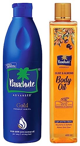 Image of Olive & Almond Body Oil By Parachute Advansed For Nourished Glowing Skin,400 ml & Parachute Advansed Gold Coconut Hair Oil, Pure Coconut Oil, Vitamin E for Long, Strong & Gorgeous Hair, 400 ml