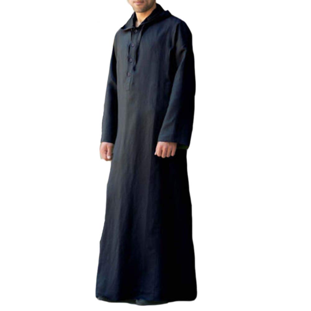 keepmore Men's Hooded Ethnic Muslim Thobe,Kaftan Middle East Saudi Arabic Robes with Pockets Black