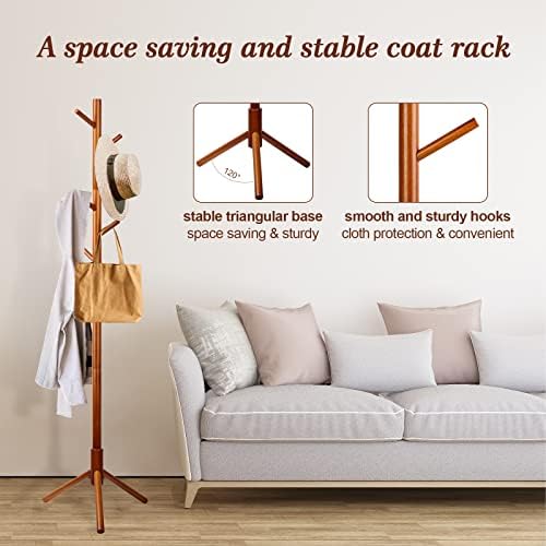 Wooden Tree Coat Rack Stand, 3 Adjustable Sizes 8 Hooks - Corner Coat Racks Free Standing for Office Entryway Bedroom Hall Tree Coat Hanger for Handbag Clothes Suits NO Tools Required (Dark Brown)