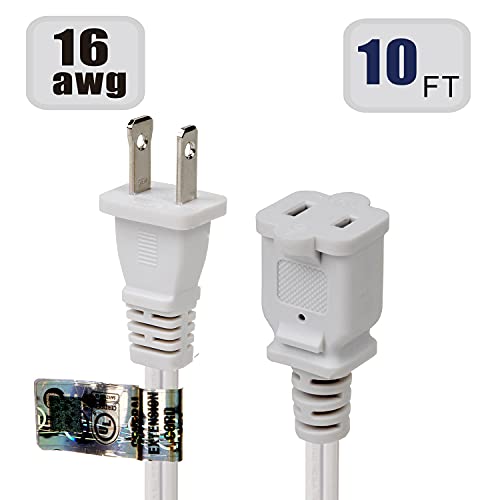 10-Feet (3.0Meter) Long Polarized White Us 2-Prong Male-Female Extension Power Cord,16Awg 2 Outlet Extension Cable 2-Prong Male/Female Extension, Nema 1-15 Extension Cable White #TOP2