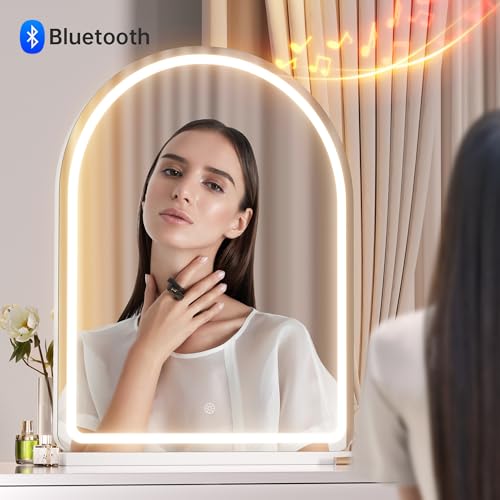 Hasipu Vanity Mirror with Lights and Bluetooth Speaker, 18\"× 22\" Arched LED Makeup Mirror, Lighted Desktop Makeup Mirror with Lights, Smart Touch Control Dimmable 3 Modes Light White