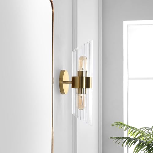 Image of SAFAVIEH Lighting Collection Eytan Clear Glass /Brass Vertical Wall Sconce Set of 2 Light Fixture, Ideal for Bathroom, Entryway, Vanity, Foyer, Hallway, Living Room (LED Bulbs Included)
