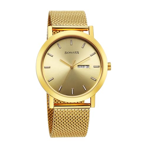 Sonata Utsav Quartz Analog with Day and Date Champagne Dial Stainless Steel Strap Watch for Men-77108YM09 (B0CY5H8NFT) Amazon Price History, Amazon Price Tracker