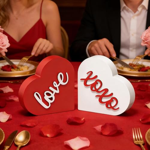 Plato de madera de San Valentín de 2 piezas en forma de corazón para centro de mesa de hogar 8