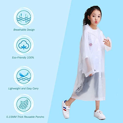 Image of Rain Poncho for Kids Boys Girls - 2 Pack Reusable Waterproof Rain Coat Jacket for Teen Disney, Clear Pink Yellow Blue Purple
