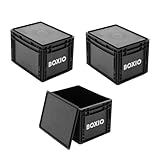 BOXIO – SOLO: 3x Caja de almacenamiento con tapa – Eurobox 40x30 x 28 cm – caja de plástico perfecta de transporte hecha de plástico para camping, sótano o jardín - apilable con otras Eurobox