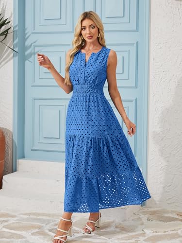 Image of Women 2026 Summer Maxi Dress Casual V Neck Sundress Sleeveless Hollow Out Eyelet a Line Long Flowy Beach Vacation Dresses(Blue,S)