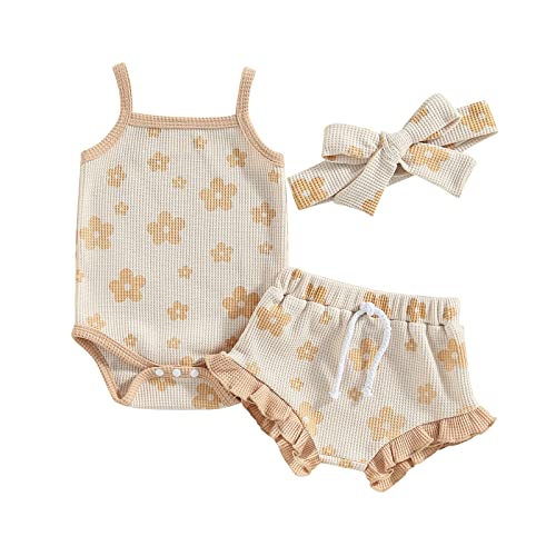 Image of Tikwwyo Newborn Baby Girl Clothes Set Summer Flower Sleeveless Romper Bloomers Shorts and Headband
