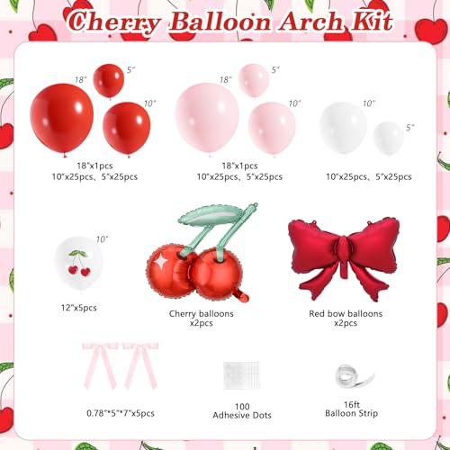 Image of JOGAMS Cherry Balloon Arch Garland Kit,172Pcs Cherry Party Decorations with Ribbon Cherry Bow Foil Balloons for Cherry On Top Baby Shower Birthday Bridal Shower Wedding Valentine's Galentine's Day