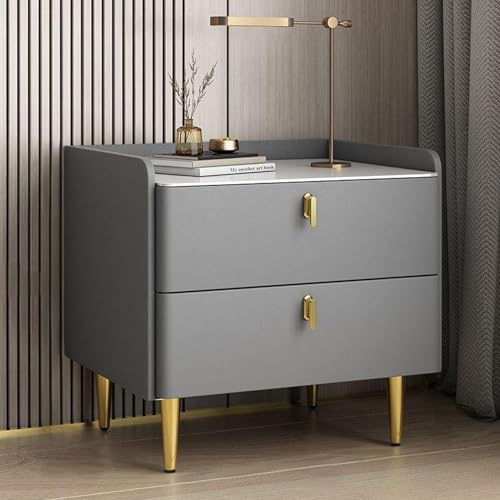 Liuwopa Mesita de Noche Moderna de Madera, Almacenamiento de Mediados de Siglo, con Asas de Metal y Tablero de Piedra