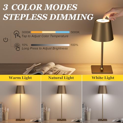 Image of Kakanuo Brown Cordless Rechargeable Table Lamp 5000mAh Battery Operated Lamps, 3 Colors Stepless Dimming Touch Lamp for Living Room, Kitchen Counter, Dining, Outdoor Patio, 2 Pack